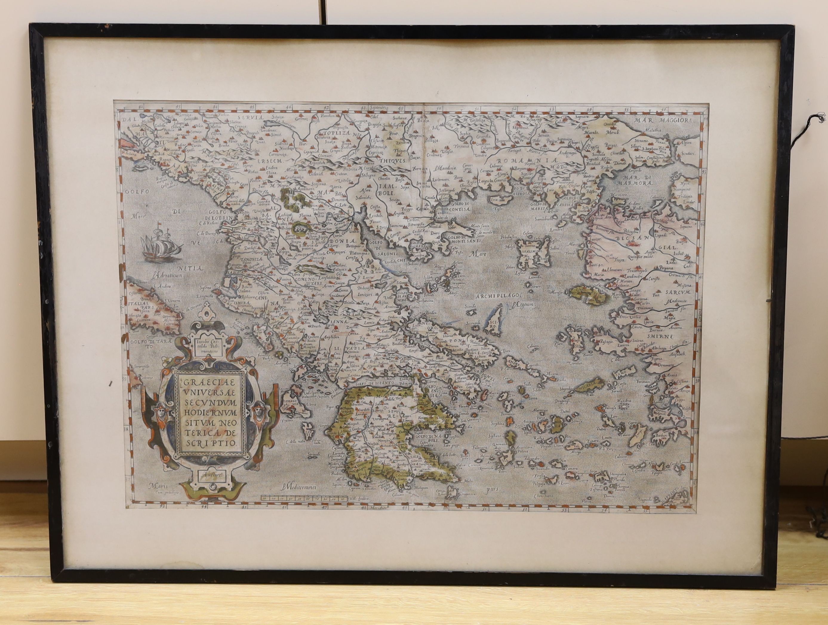 Jacobo Castaldo Pelemontano, coloured engraving, Map of Graeciae Universae, 36 x 51cm